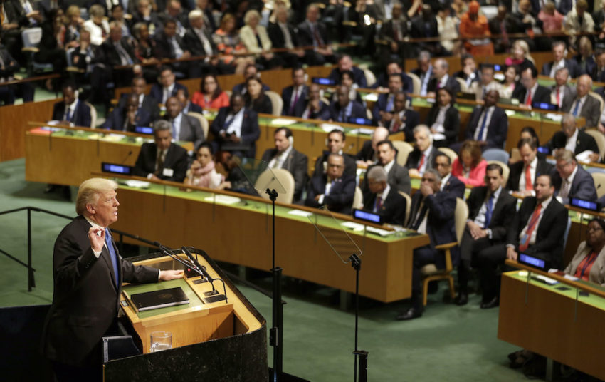 Donald Trump delivers his first speech to the U.N., as its members look on.