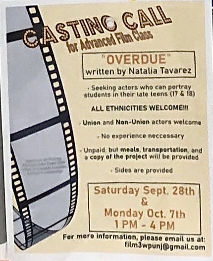 Casting call for student film called “Overdue” in September