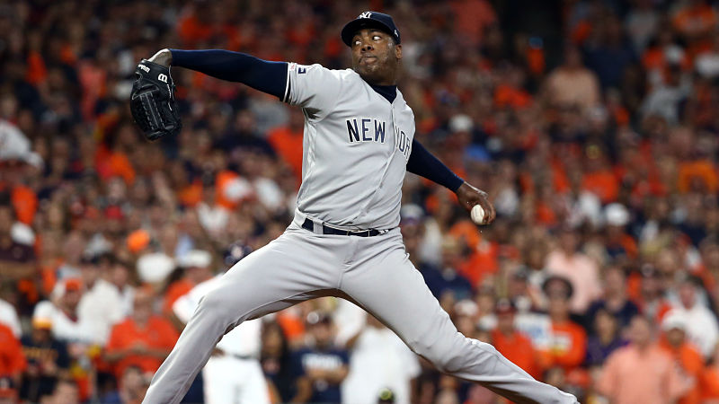 Oct 19, 2019; Houston, TX, USA; New York Yankees relief pitcher Aroldis Chapman (54) delivers a pitch during the ninth inning against the Houston Astros in game six of the 2019 ALCS playoff baseball series at Minute Maid Park. Mandatory Credit: Troy Taormina-USA TODAY Sports