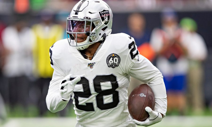 HOUSTON, TX - OCTOBER 27:  Josh Jacobs #28 of the Oakland Raiders runs the ball during a game against the Houston Texans at NRG Stadium on October 27, 2019 in Houston, Texas.  The Texans defeated the Raiders 27-24.  (Photo by Wesley Hitt/Getty Images)