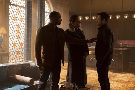 Left: Sam Wilson (Anthony Mackie), Helmut Zemo (Daniel Bruhl) and Bucky Barnes (Sebastian Stan) in "The Falcon and The Winter Soldier" Image Credit: Chuck Zlotnick