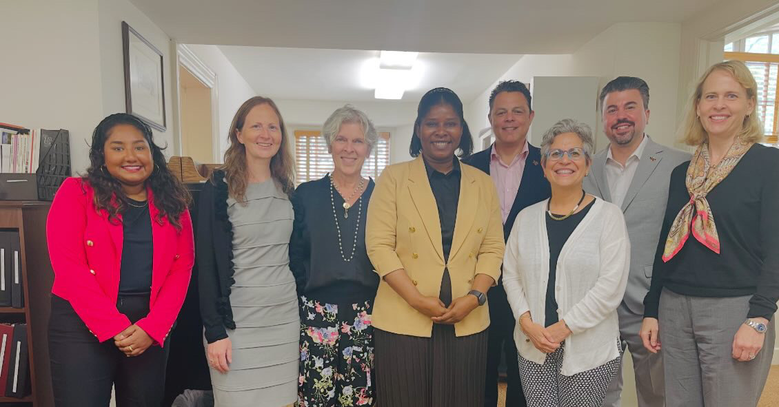 Faculty members Jessica Oudhnarine, Mariel Read Essner, Lynn Lazar, Beatrice Amune, Roy Garcia, Judy Linder, Michael Perrotta and Wren DiGisi of the William Paterson University Institutional Advancement Team stand inside Hobart Manor. Photo Courtesy of Beatrice Amune. 