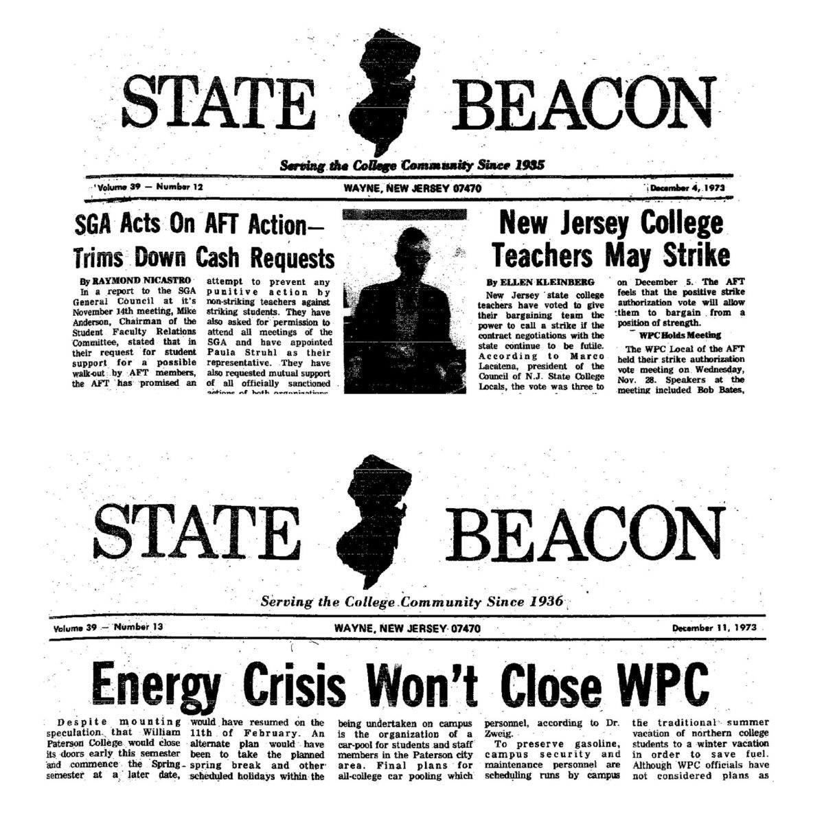 The December 4, 1973, issue of the Beacon (top image) had the slogan "Serving the College Community Since 1935." But the next week's paper, on December 11, 1973 (bottom image), changed the year the newspaper was founded to 1936.