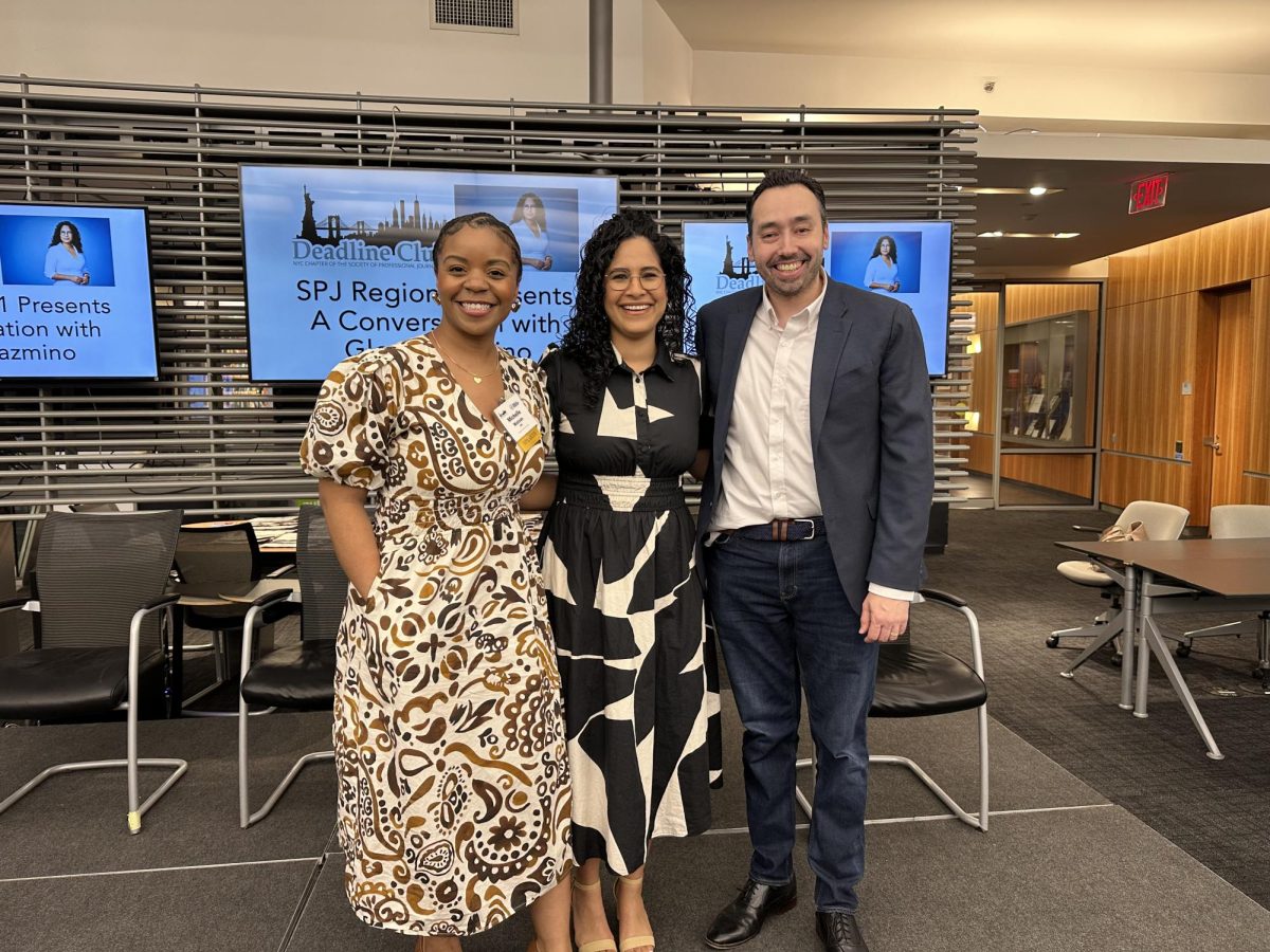 SPJ Region 1 coordinator Michelle Watson and CNN correspondent Gloria Pazmino pose with Dr. Nick Hirshon, a William Paterson journalism professor who helped organize the conference.